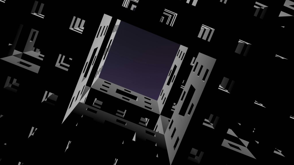 Current image: Abstract digital art of a futuristic cityscape with geometric patterns and a night sky.